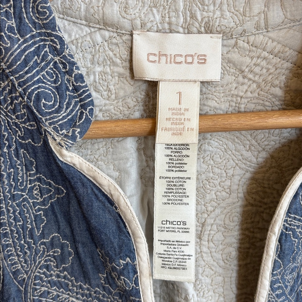 Quilted Paisley Brocade Floral chambray Open Front y2k Jacket coat Medium Chicos - Picture 6 of 8